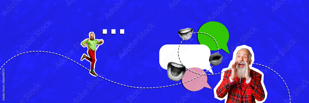 © deagreez - Trend artwork sketch image collage of horizontal panorama blue color space speech cloud message two young man senior talk speech cloud