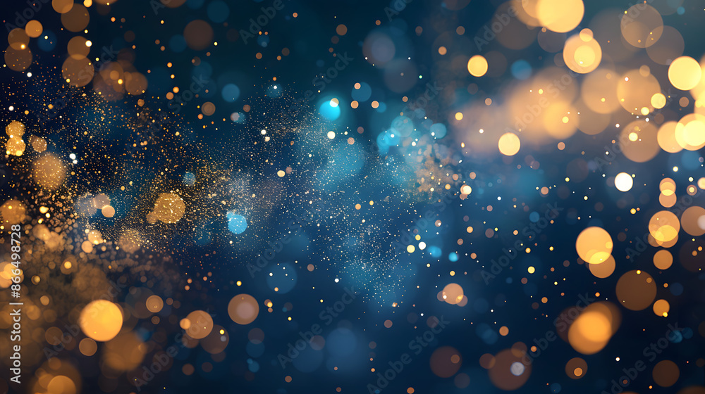 abstract background with Dark blue and gold particle. Christmas Golden light shine particles bokeh on navy blue background. Gold foil texture. Holiday concept.