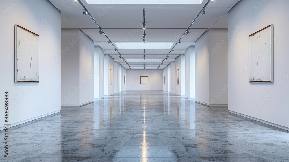 Modern art gallery with white walls and a long hallway showcasing minimalist artwork. Concept of contemporary art, museum, exhibition, and design. Modern art gallery with white walls and a long hallway showcasing minimalist artwork. Concept of contemporary art, museum, exhibition, and design.