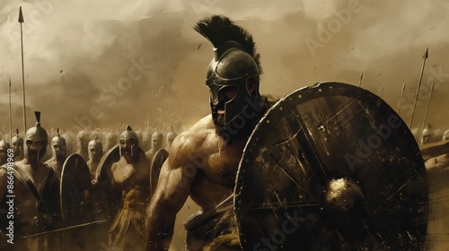 Ancient Spartan Warriors Marching with Shields and Spears on Battlefield