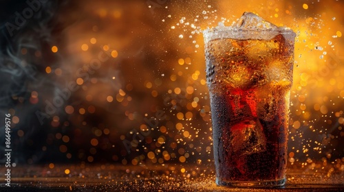 Closeup of a glass of cola with ice cubes, splashing and dripping.  Refreshing fizzy drink with bubbles, perfect for summer.