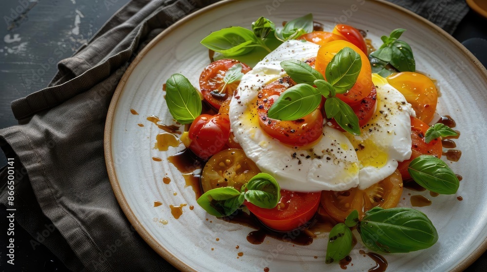 Delicious fresh Caprese salad with colorful tomatoes, mozzarella, basil leaves, and balsamic dressing on a gray plate. Delicious fresh Caprese salad with colorful tomatoes, mozzarella, basil leaves, and balsamic dressing on a gray plate.
