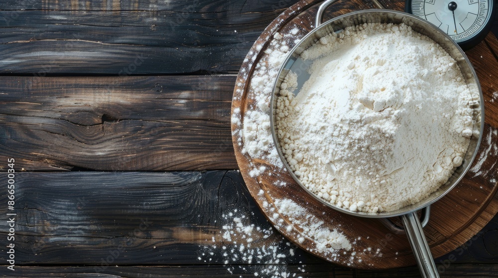 Preparing Bread or Cake Measuring Flour on Kitchen Scale Dark Wooden Background Preparing Bread or Cake Measuring Flour on Kitchen Scale Dark Wooden Background