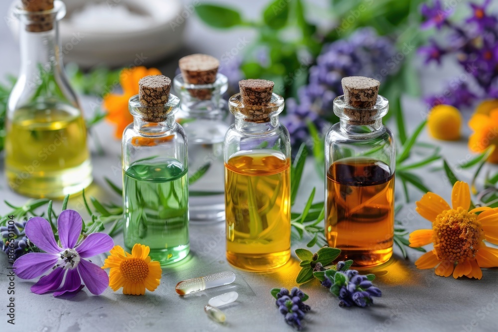 A collection of essential oils and flowers on a table