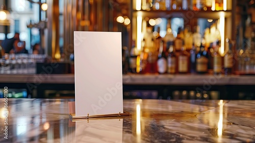 Blank vertical menu frame on a polished stone table, boutique hotel bar.