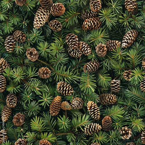 Seamless pattern photo texture of pine branches and cones, up view photo