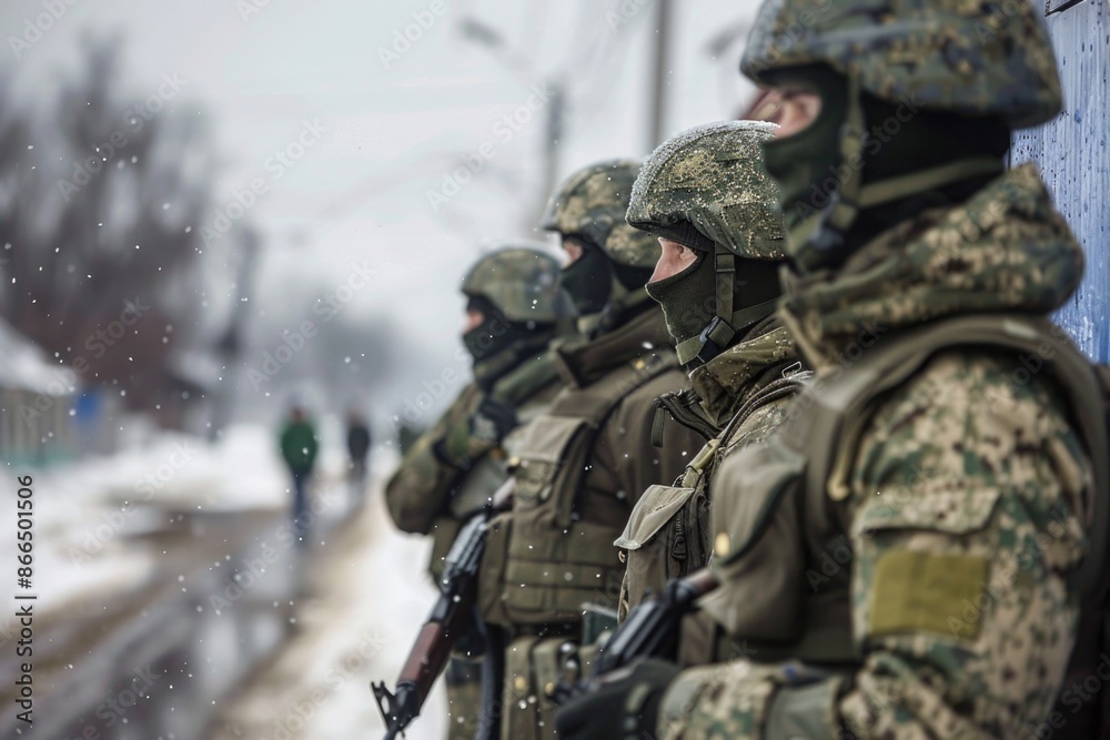 Four soldiers stand in a line, all wearing camouflage and holding guns Four soldiers stand in a line, all wearing camouflage and holding guns