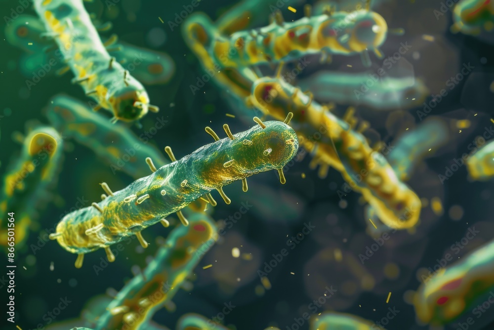 A bunch of green and yellow bacteria are floating in the air