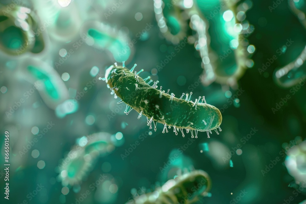 A green bacteria is shown in a close up A green bacteria is shown in a close up