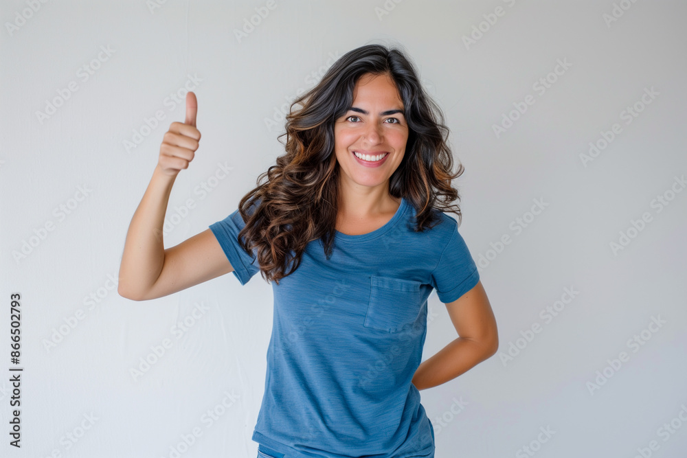 Mature smiling woman in blue t-shirt making thumbs up gesture on light studio background Mature smiling woman in blue t-shirt making thumbs up gesture on light studio background