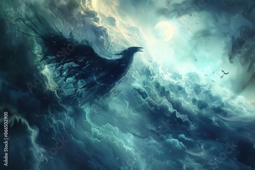 A black bird is flying through a stormy sky with a full moon in the background
