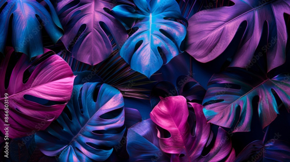 Neon Tropical Monstera Leaves, Blue and Pink Neon Tropical Monstera Leaves, Blue and Pink