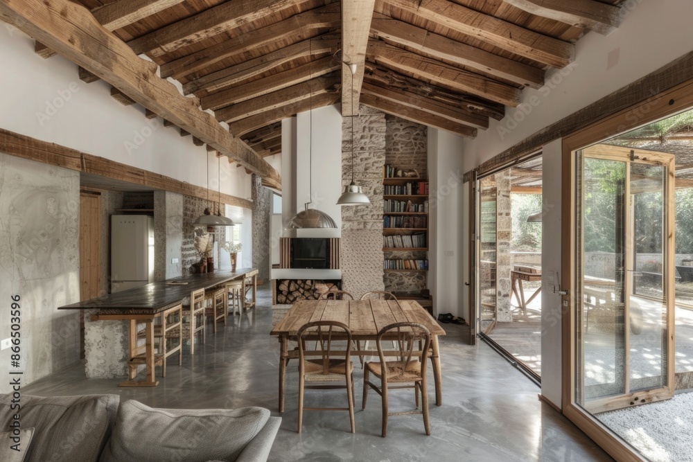 Fototapeta premium A large open living room with a fireplace and a table with chairs
