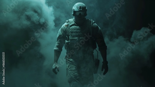 Soldier Emerging from Dense Smoke in Full Tactical Gear © Sol Revolver Group