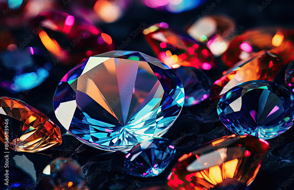 A close-up of colorful diamonds, their prismatic reflections creating an array of colors and shapes in the dark background. Created with Ai A close-up of colorful diamonds, their prismatic reflections creating an array of colors and shapes in the dark background. Created with Ai