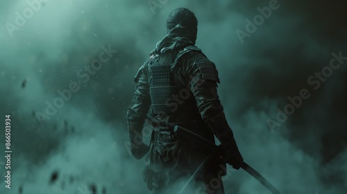 Back View of Ninja Warrior in Smoke with Sword Drawn, Ready for Battle
