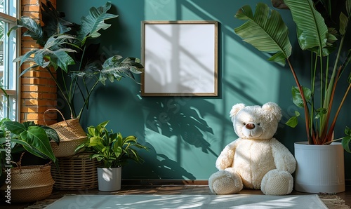 Mockup of empty green wall with wooden frame in farmhouse nursery, featuring a poster frame for baby room decor in Scandinavian style.