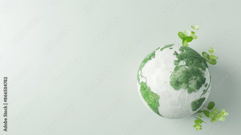 A minimalist composition featuring a green globe, symbolizing environmental awareness and sustainability, with ample copy space for adding text or graphics. The simple and elegant design is perfect