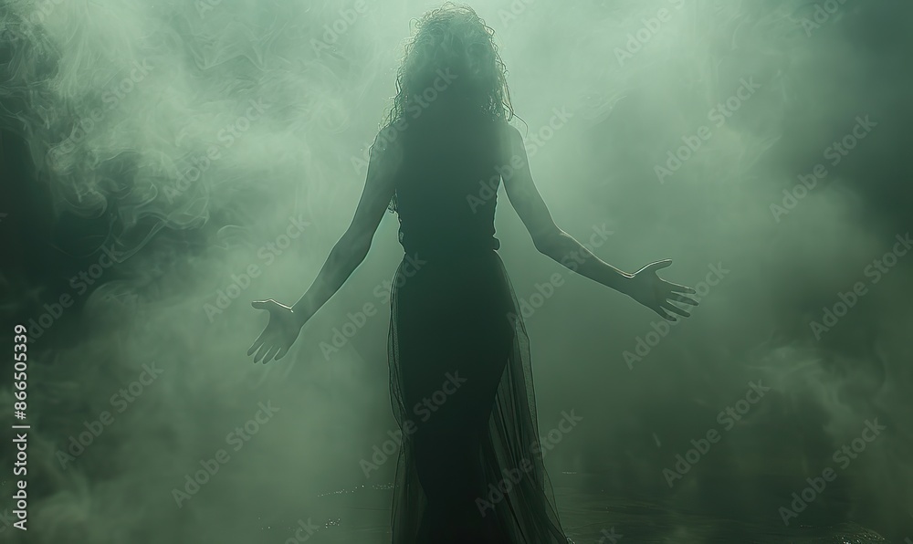 A beautiful poster idea: a young woman silhouetted as a witch, dancing in a magical, mystical, and enchanted backdrop, perfect for a fairytale Halloween. A beautiful poster idea: a young woman silhouetted as a witch, dancing in a magical, mystical, and enchanted backdrop, perfect for a fairytale Halloween.
