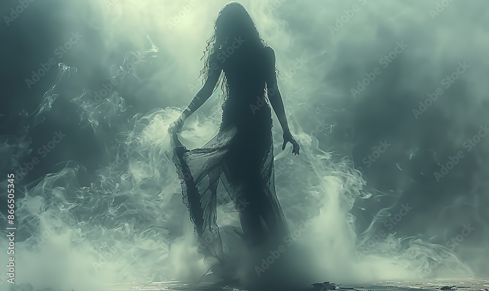 Fototapeta premium A beautiful poster idea: a young woman silhouetted as a witch, dancing in a magical, mystical, and enchanted backdrop, perfect for a fairytale Halloween.