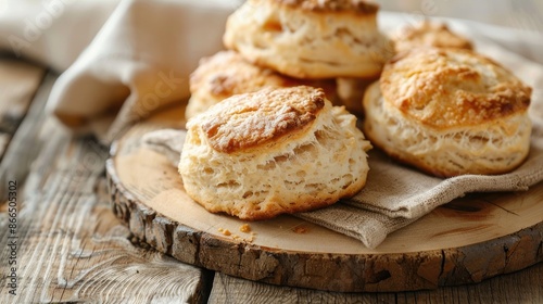 Homemade sourdough scones on wooden table with napkin