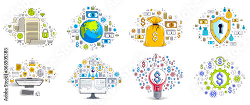 Different business money and finance concepts vector illustrations set, trendy design drawings commercial theme collection, a lot of icons and symbols included, elements can be used separately.