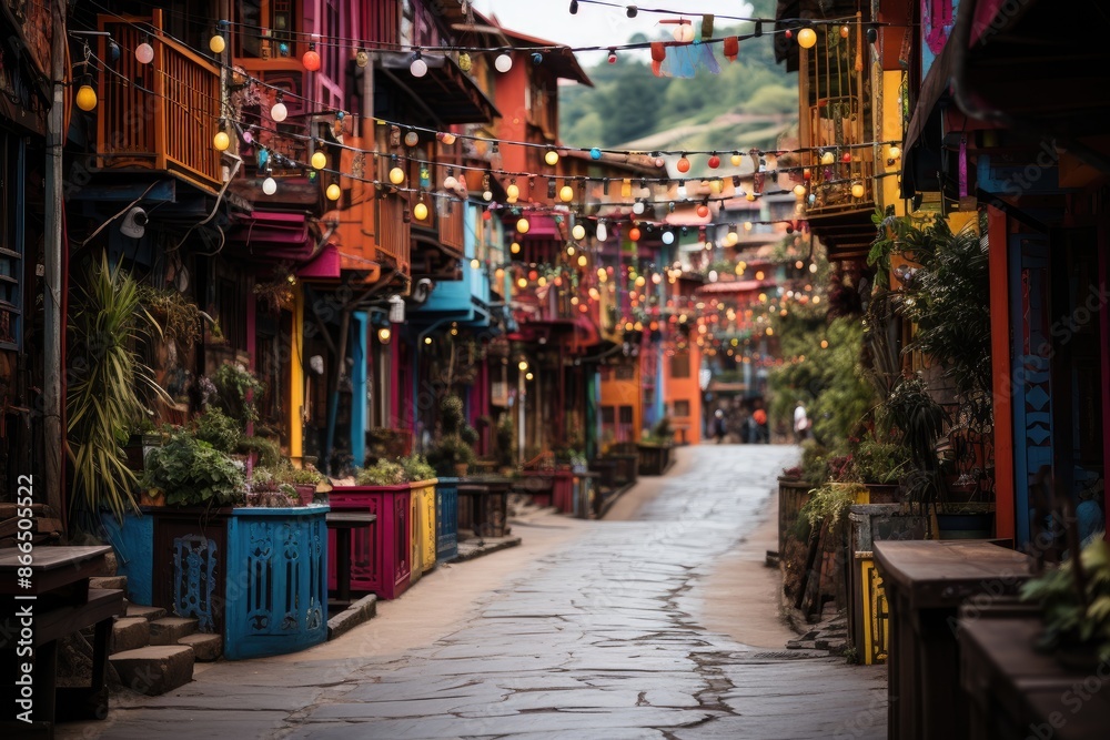 Medellin, Colombia, Comuna 13, a colorful neighborhood with street art and history., generative IA