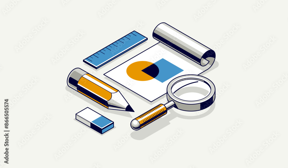 Engineer education concept, engineering project draft plan drawing in progress, learning study student in college, vector 3D isometric icon or logo with paper blueprint and pencil. Engineer education concept, engineering project draft plan drawing in progress, learning study student in college, vector 3D isometric icon or logo with paper blueprint and pencil.