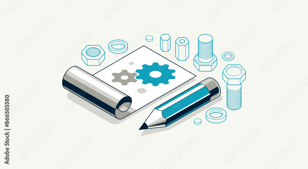 Mechanical engineering project concept, engine draft plan drawing, technical scheme blueprint, paper sheet with gears 3D isometric vector illustration, repair tutorial. Mechanical engineering project concept, engine draft plan drawing, technical scheme blueprint, paper sheet with gears 3D isometric vector illustration, repair tutorial.