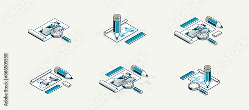 Architectural engineering concept set, construction plan in creation progress, blueprint technical plan 3D isometric vector illustration, build cad project.