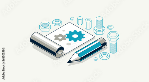 Mechanical engineering project concept, engine draft plan drawing, technical scheme blueprint, paper sheet with gears 3D isometric vector illustration, repair tutorial.