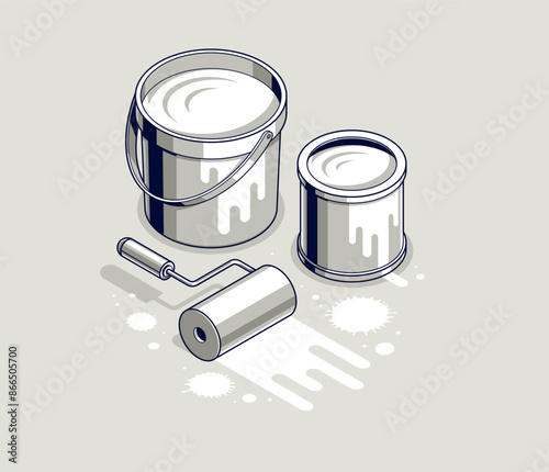 Painting whitewash walls interior vector 3D isometric illustration, diy renovation, whitening residential flat renovate, apartment or house interior decoration.