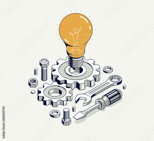 Engineering idea concept, innovation, invention and solution concept, light bulb vector 3D isometric illustration, mechanical engine works.