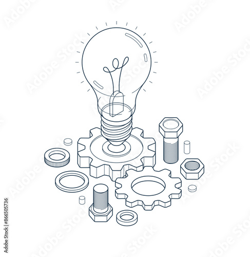 Innovation, invention and solution concept, light bulb with gear vector 3D isometric illustration or icon, technology and technics, mechanical engineering.