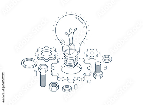 Innovation, invention and solution concept, light bulb with gear vector 3D isometric illustration or icon, technology and technics, mechanical engineering.