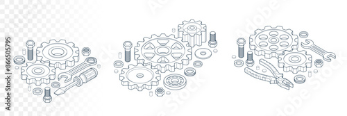 Repair and maintenance concept set, technics service, gears and tools in 3D isometric projection vector illustration, technical mechanical workshop.