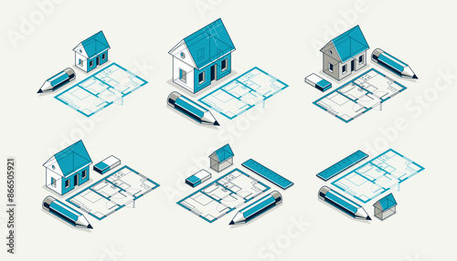 House project concept set, 3D isometric vector illustration of a small house and blueprint building project, construction architectural model, residential family small house.