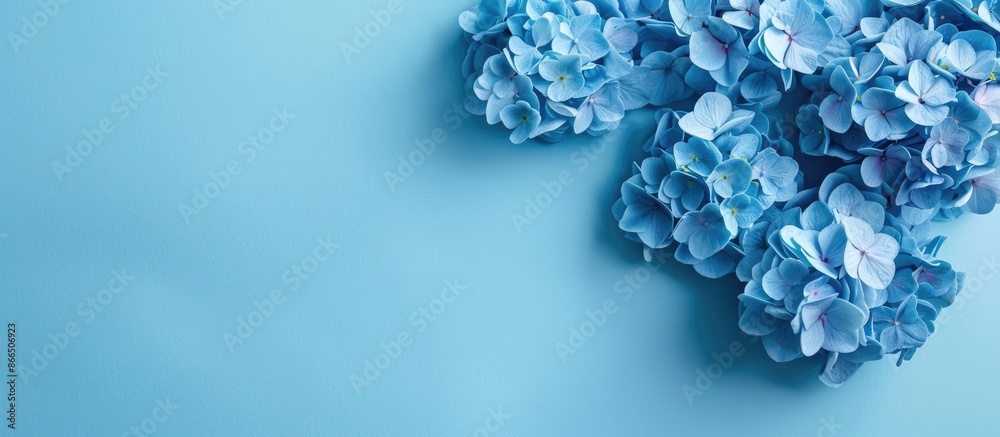 Obraz premium Blue hydrangea flowers on a blue backdrop with room for text.