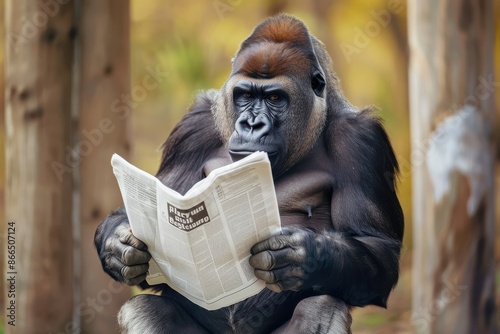 A humorous scene of a gorilla reading a newspaper while sitting on a toilet, adding a touch of whimsy to daily routines. photo