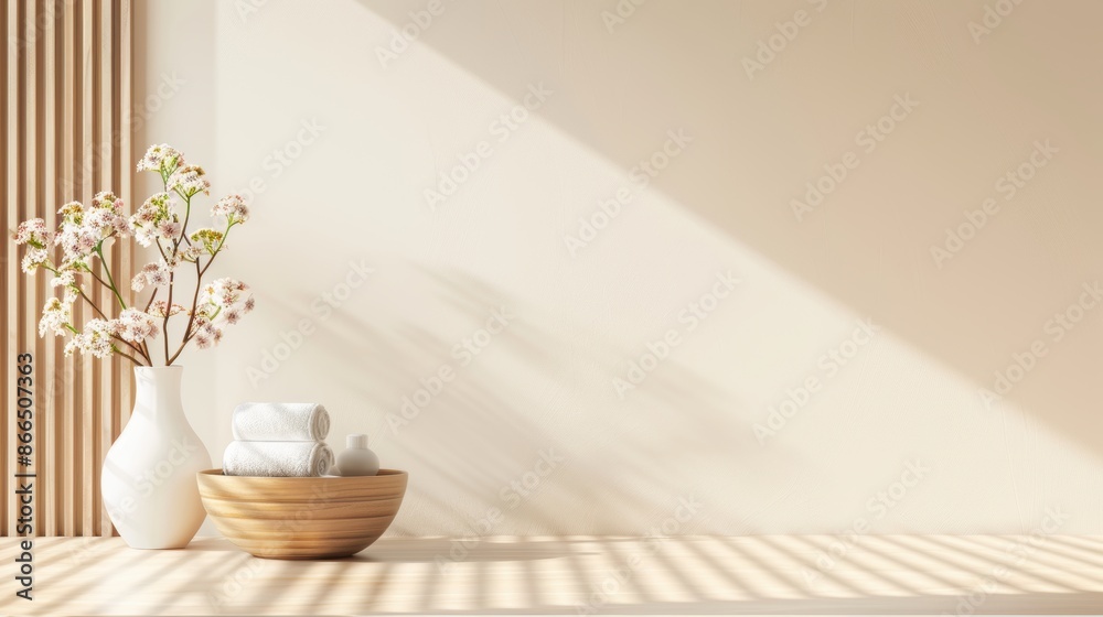 A modern, minimalistic spa setting with a focus on brown tones and ample copy space. The calming atmosphere makes it ideal for advertising spa and relaxation services. A modern, minimalistic spa setting with a focus on brown tones and ample copy space. The calming atmosphere makes it ideal for advertising spa and relaxation services.