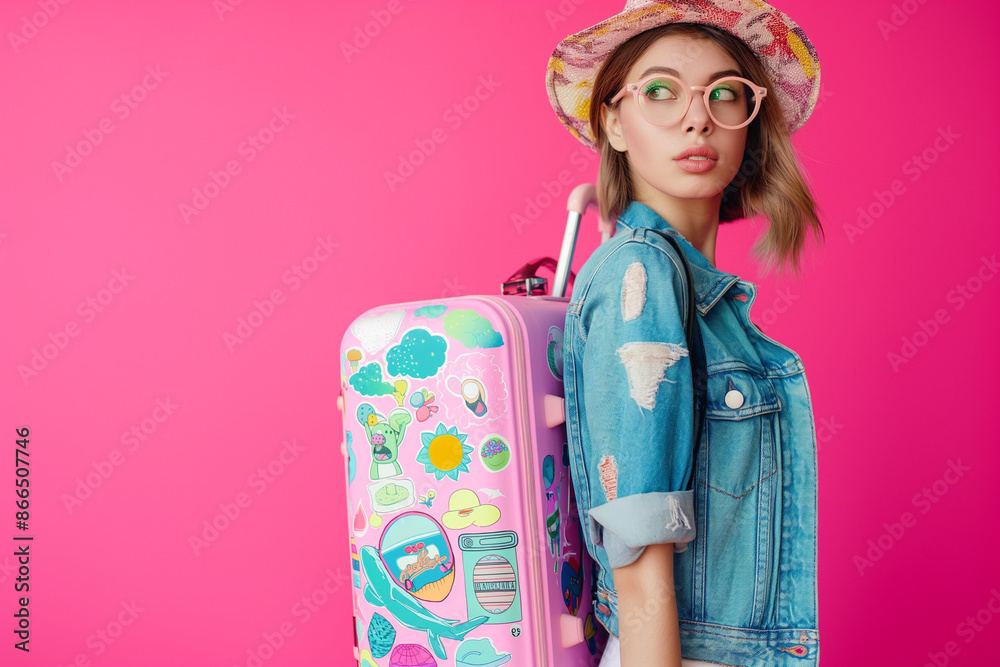 Fashionable traveler with pink suitcase and denim jacket against a bright pink background. Stylish and colorful travel vibes. Fashionable traveler with pink suitcase and denim jacket against a bright pink background. Stylish and colorful travel vibes.