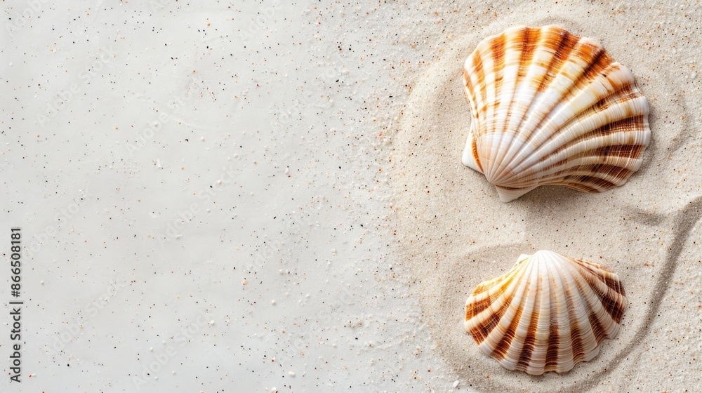 Seashell on sandy surface with white background and space for text Seashell on sandy surface with white background and space for text