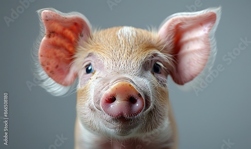 Happy, cute pig portrait on white background. Concept of healthy farm life and funny animal. © Ta