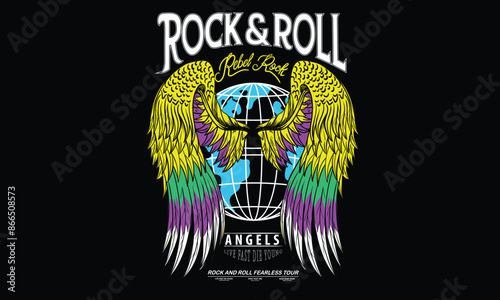 Eagle wing vector t-shirt design. Freedom music tour. Free spirit vintage artwork. Music festival artwork.