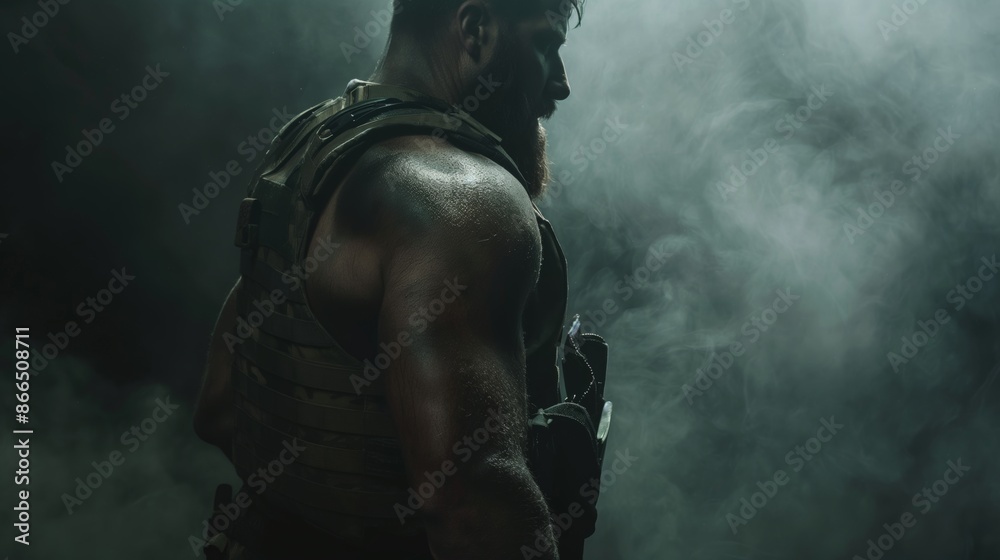Steely Modern Military Warrior in Tactical Gear Standing Amidst Smoke Steely Modern Military Warrior in Tactical Gear Standing Amidst Smoke