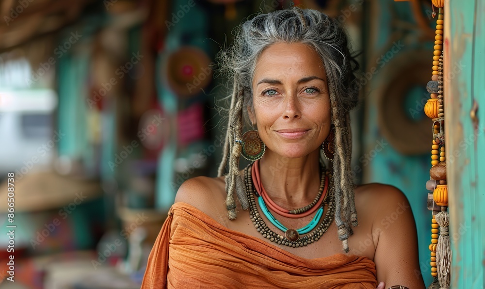 Mature woman with dreadlocks smiles at the camera, embracing her bohemian lifestyle of freedom and individuality. Mature woman with dreadlocks smiles at the camera, embracing her bohemian lifestyle of freedom and individuality.