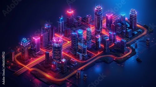 aps and navigation online on mobile application, City isometric plan with road and buildings, GPS, Travel, Social Media, World Map. Isometric smart city concept. 3d vector illustration photo