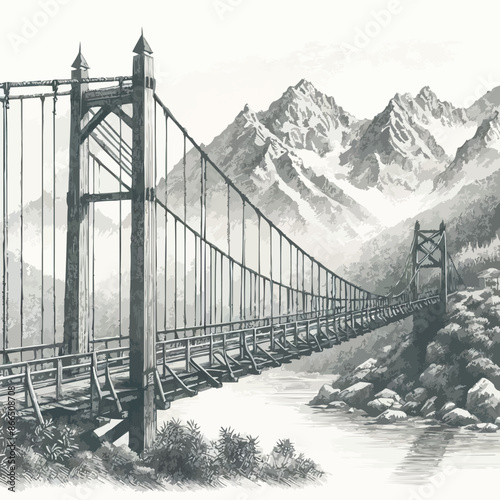  Wooden bridge in the mountains and forest Ropeway Suspension bridge Drawn in pencil on an isolated background