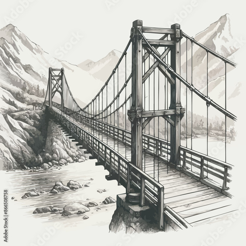  Wooden bridge in the mountains and forest Ropeway Suspension bridge Drawn in pencil on an isolated background