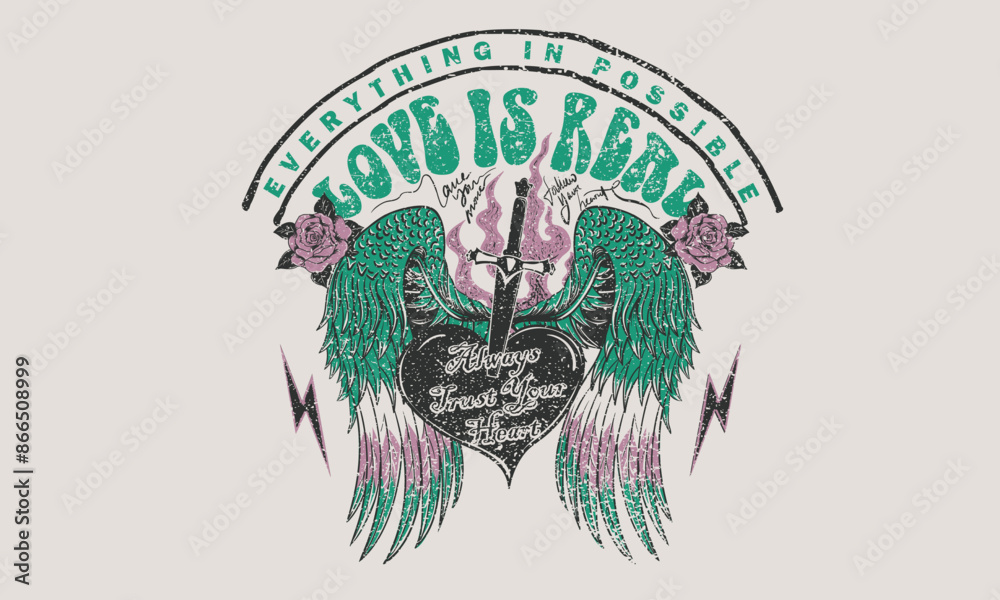 Obraz premium Everything is possible. Love is real. Heart with knife artwork, Eagle wing vector t-shirt design. America eagle rock and roll poster design. Music festival artwork. Rose. Freedom music tour.